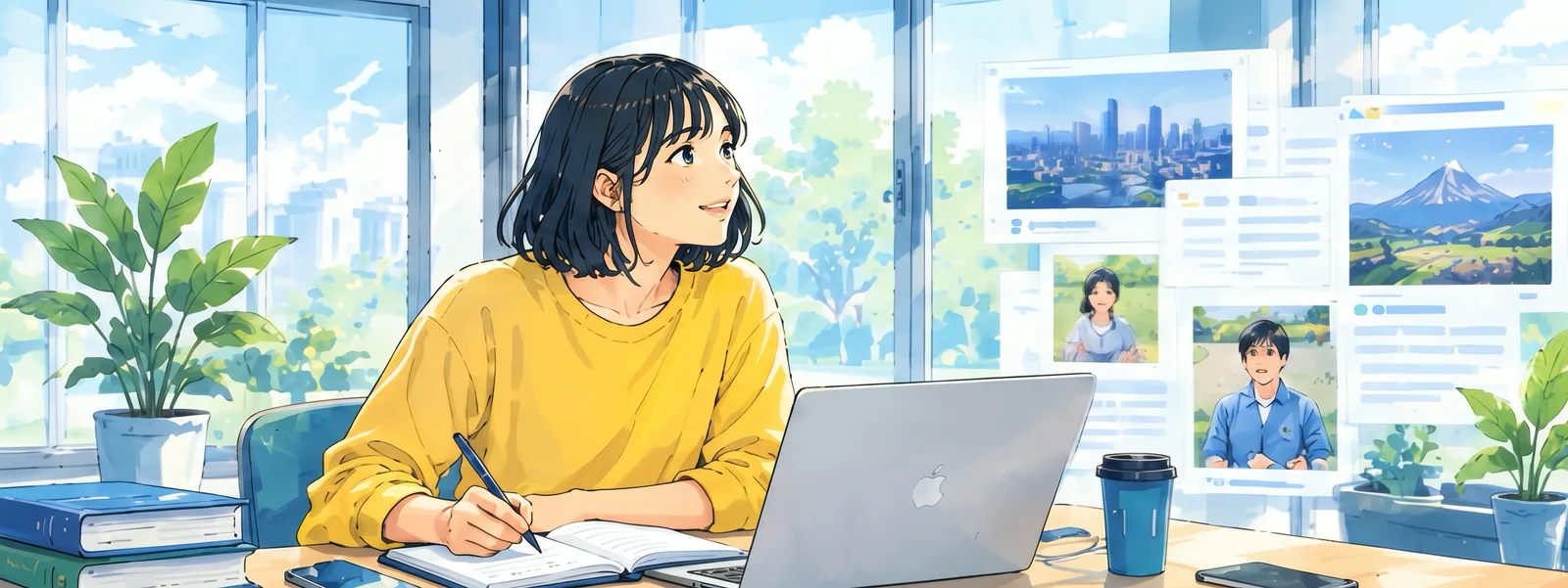 窓辺の明るい席でノートに書きながら、学外の機会を紹介する記事の画面を見上げる学生