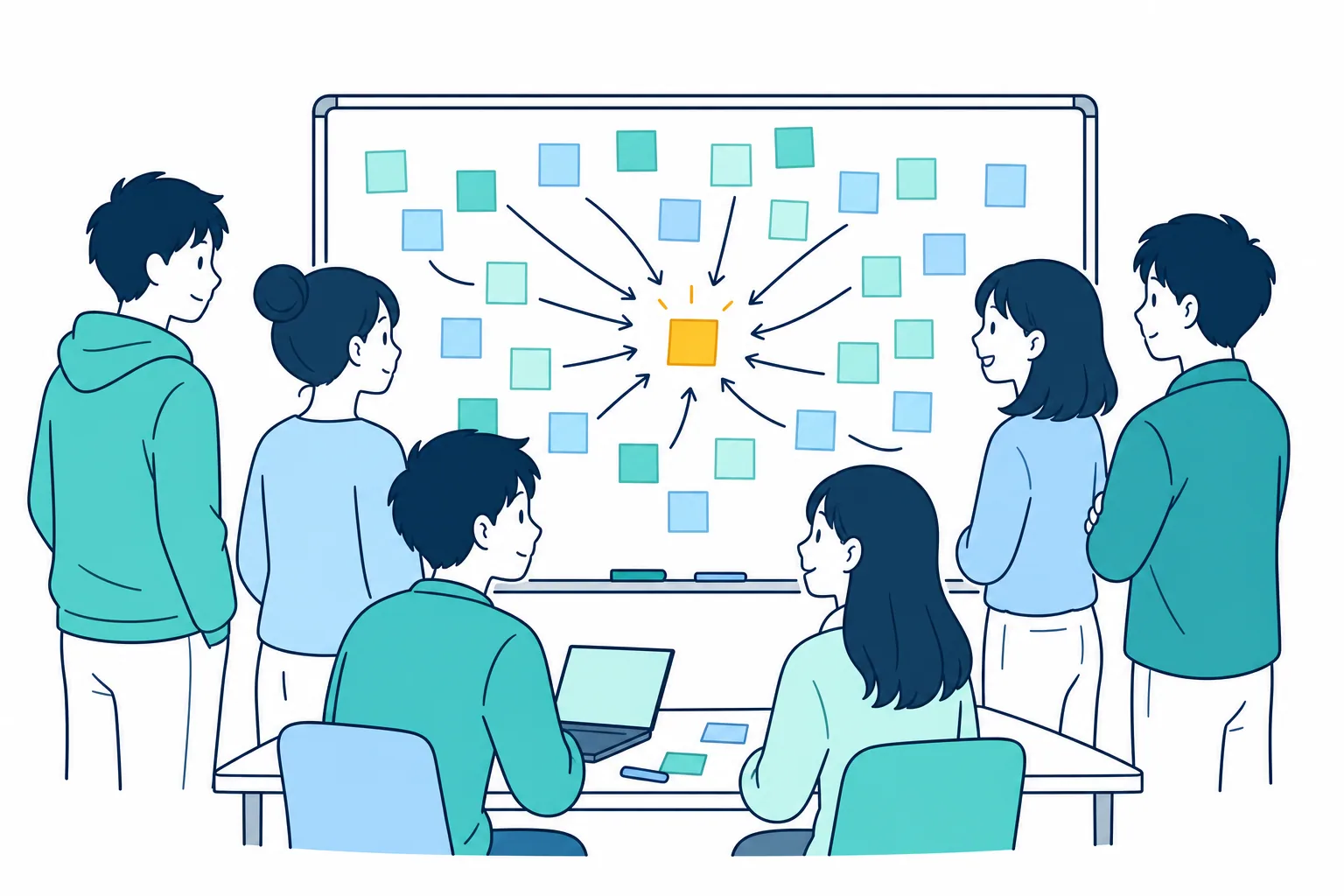 ホワイトボードに貼った付箋を囲み、たくさんのアイデアを1つの企画に絞り込んでいる学生たち